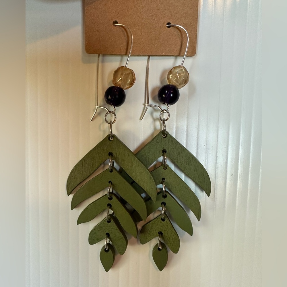 Green Leaf Boho Beaded Dangle Earrings